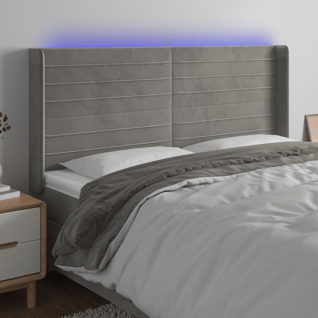 Tăblie de pat cu LED, gri deschis, 163x16x118/128 cm, catifea