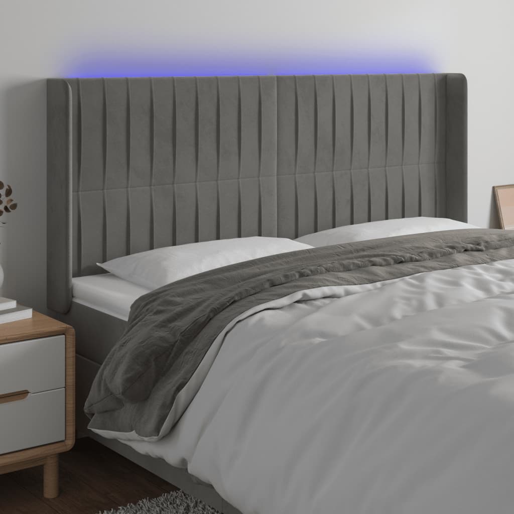 Tăblie de pat cu LED, gri deschis, 183x16x118/128 cm, catifea