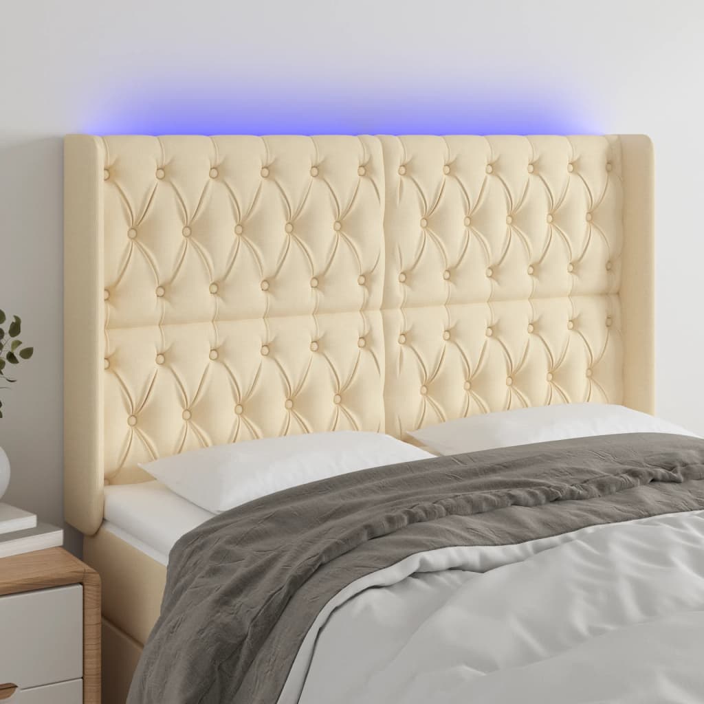 Tăblie de pat cu LED, crem, 163x16x118/128 cm, textil