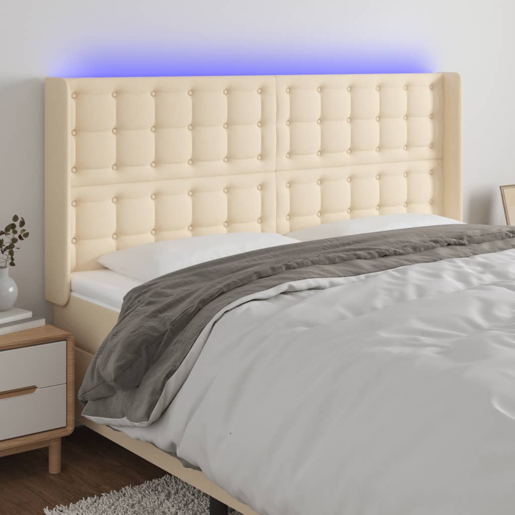 Tăblie de pat cu LED, crem, 203x16x118/128 cm, textil