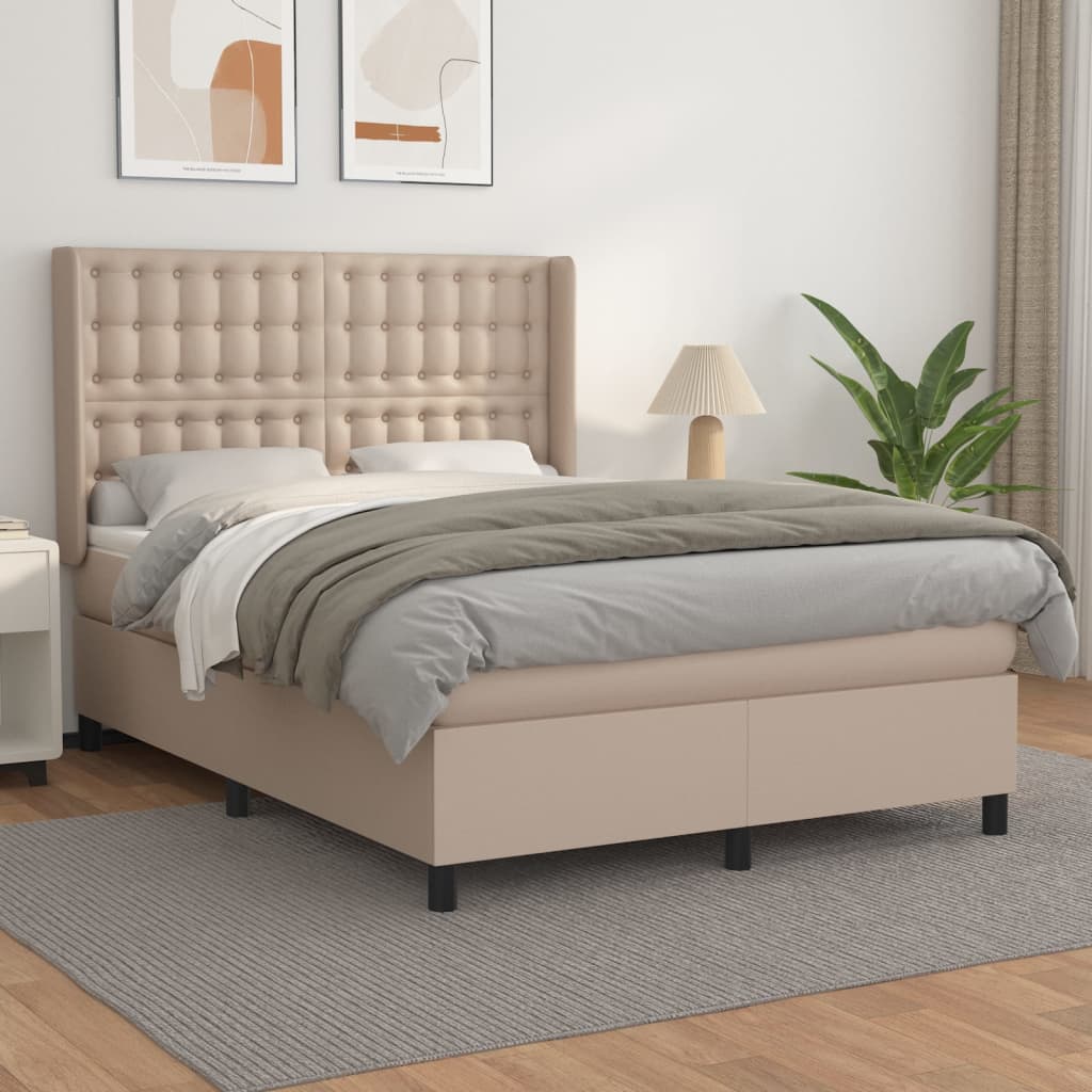 Pat box spring cu saltea, cappuccino, 140x200cm piele ecologică