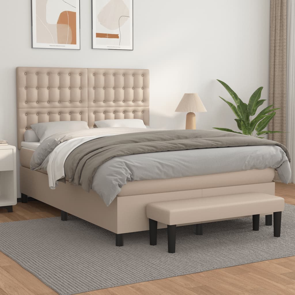 Pat box spring cu saltea, cappuccino, 140x200cm piele ecologică