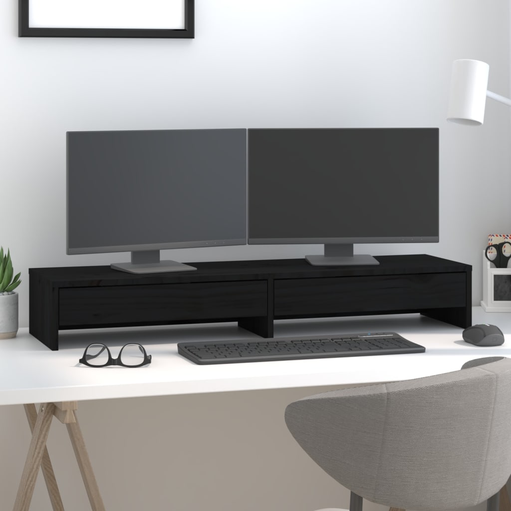 Suport pentru monitor, negru, 100x27x15 cm, lemn masiv de pin