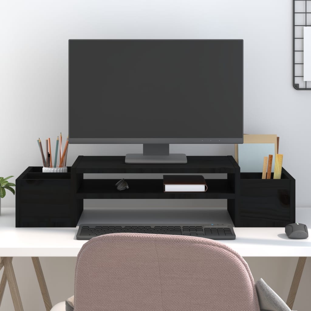 Suport pentru monitor, negru, 70x27,5x15 cm, lemn masiv de pin