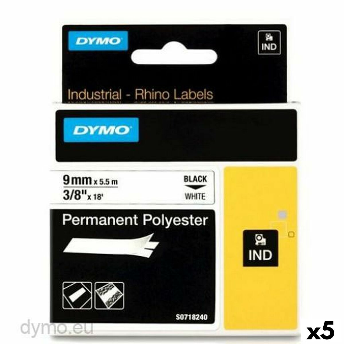 Bandă Laminată pentru Aparate de Etichetat Rhino Dymo ID1-9 9 x 5,5 mm Negru Poliester Alb (5 Unități)