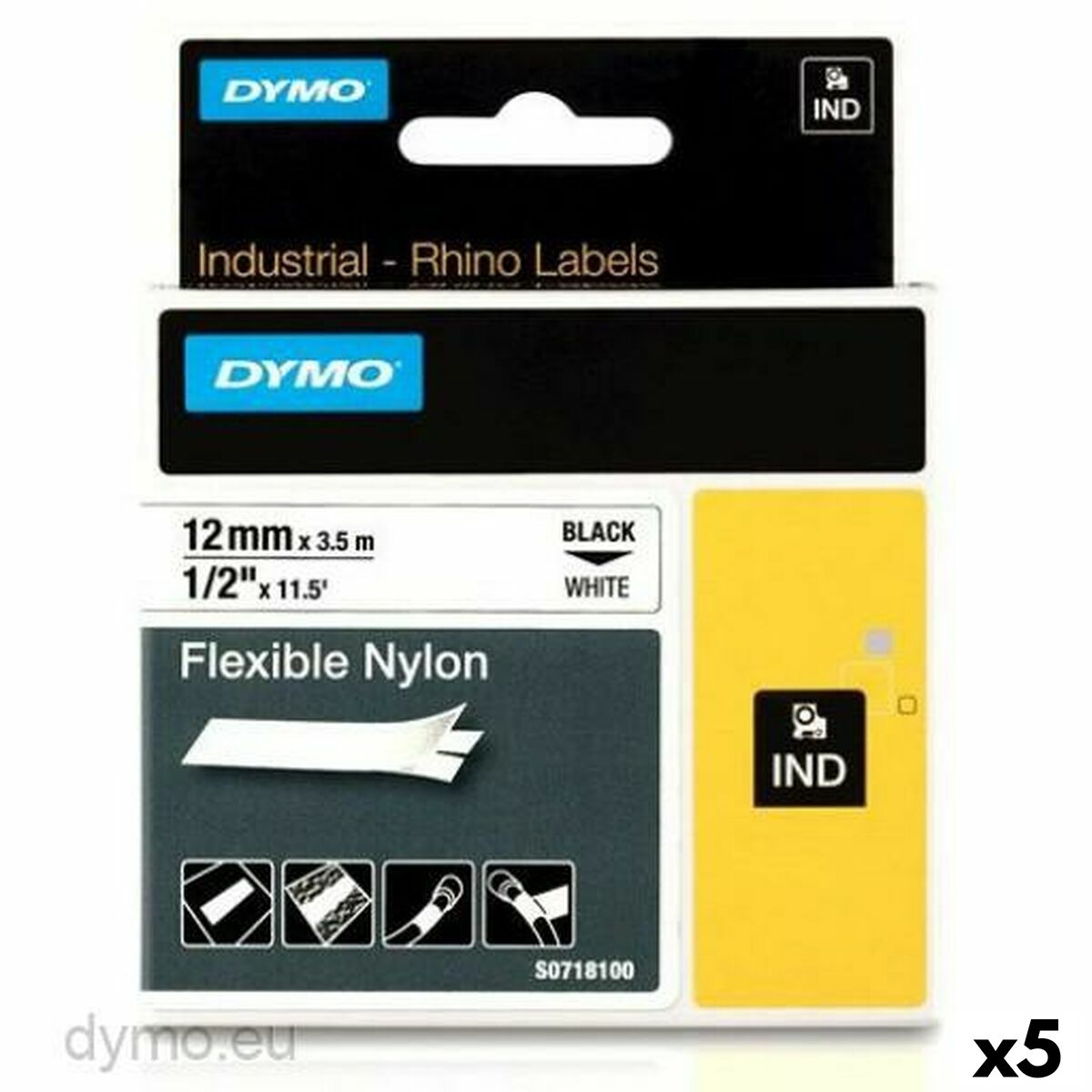 Bandă Laminată pentru Aparate de Etichetat Rhino Dymo ID1-12 12 x 3,5 mm Negru Alb Auto-adezivi (5 Unități)